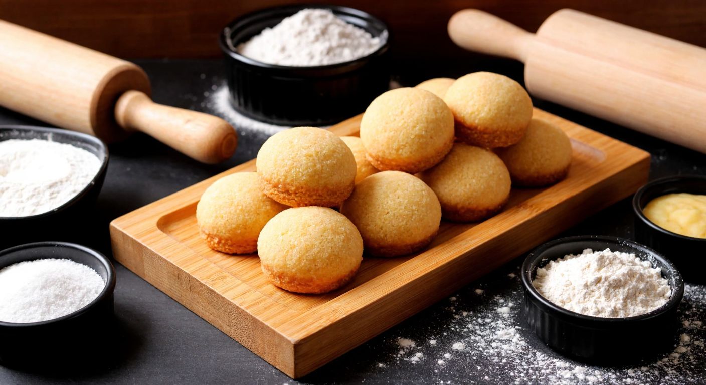 A warm Turkish kitchen with golden lokumlu kurabiyeler on a wooden tray, surrounded by bowls of flour and wheat starch, and a rolling pin dusted with flour.