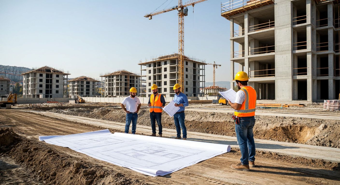 A construction site in Turkey with architects and engineers in hard hats inspecting blueprints while a partially built apartment complex stands in the background under a clear sky.
