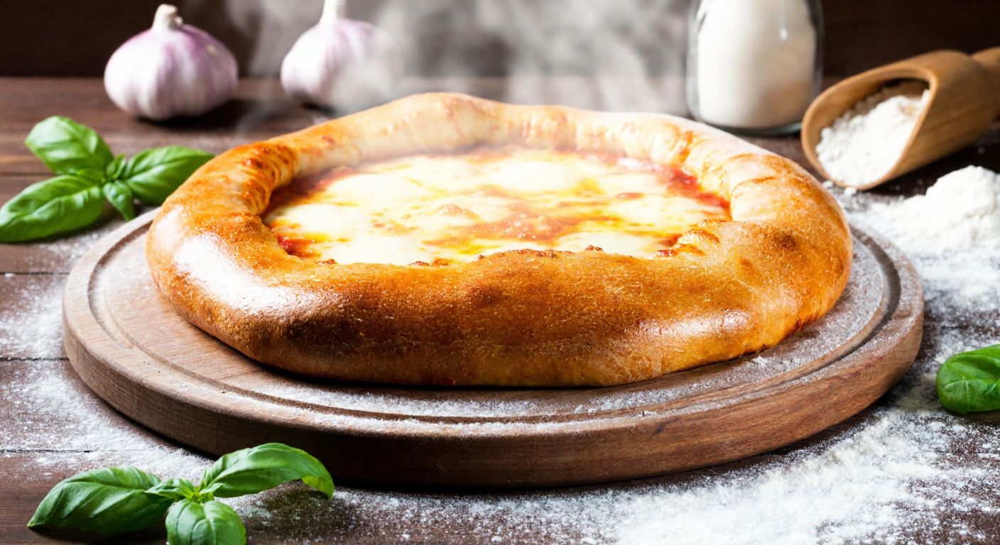 A golden-brown pizza with a thick, fluffy crust sits on a wooden table, steam rising from melted cheese, surrounded by fresh basil leaves and a dusting of flour.