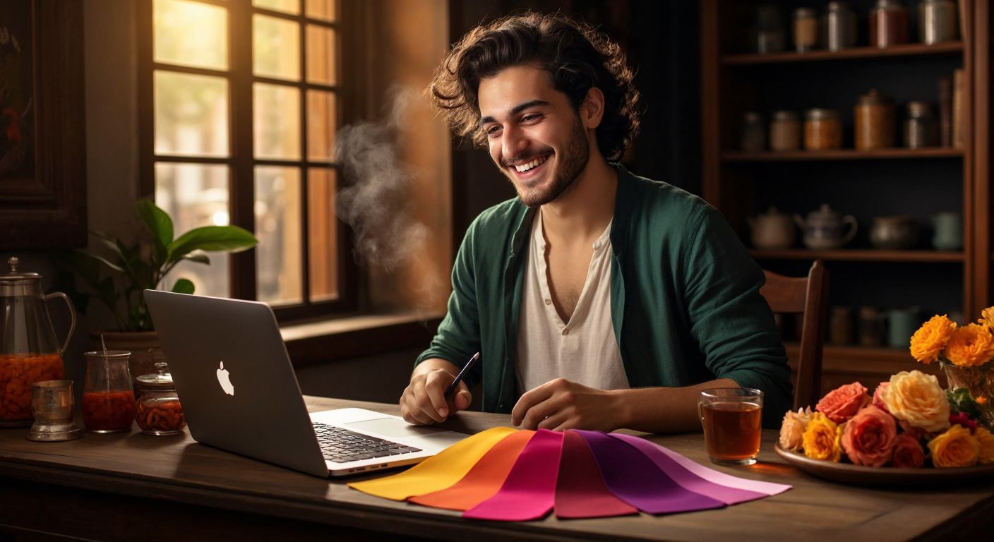 A young Turkish entrepreneur smiling while watching an online tutorial on a laptop, surrounded by colorful product samples and a steaming cup of Turkish tea.