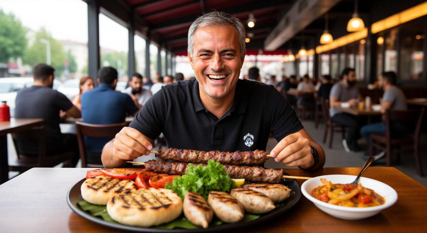A smiling Jose Mourinho sitting at a bustling Turkish kebab restaurant, enjoying a sizzling plate of Adana kebab and chicken skewers, with warm golden bread and grilled vegetables on the side.