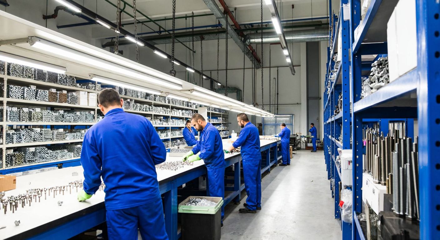A modern industrial factory in Turkey with workers in blue uniforms assembling metal bolts and fasteners under bright fluorescent lights, surrounded by shelves stocked with neatly organized hardware components.
