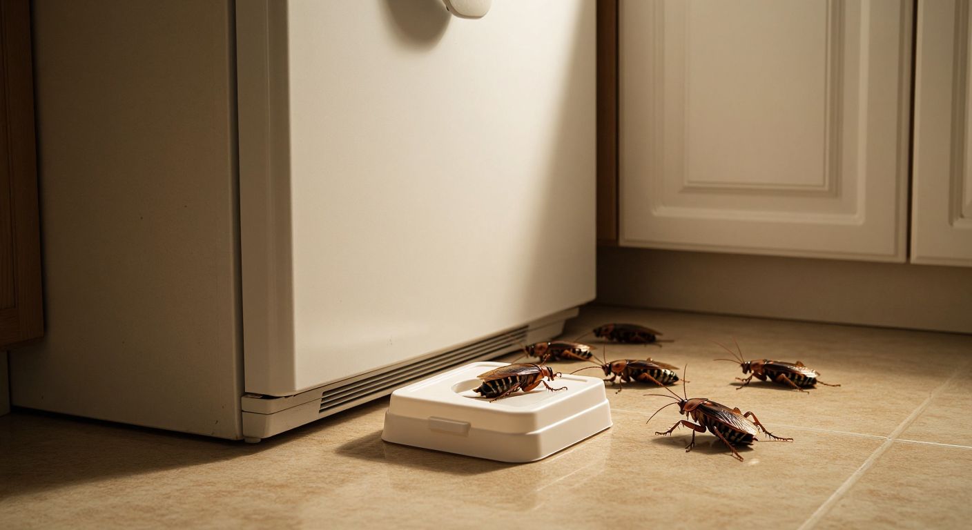 A small, discreet plastic roach bait station placed in the corner of a Turkish kitchen, near the base of a white refrigerator, with a few cockroaches cautiously approaching it.