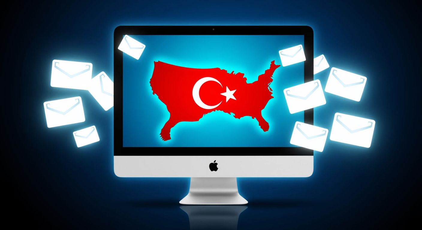 A glowing computer screen displays a colorful 3D map of Turkey with red and white national flag motifs, surrounded by floating PNG file icons against a dark background.