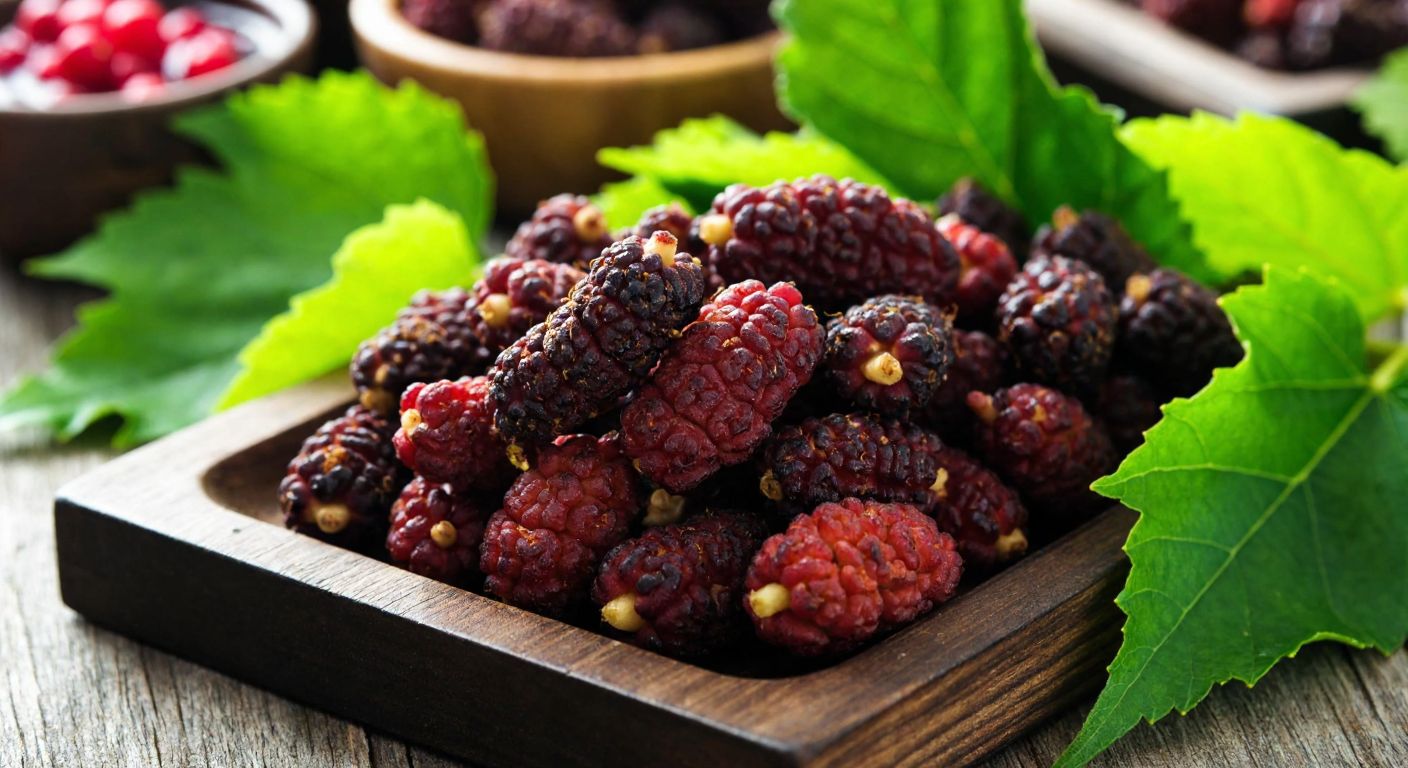 A close-up of sun-dried mulberries glistening with crystallized sugar on a rustic wooden tray, surrounded by fresh mulberry leaves in a warm Turkish kitchen.