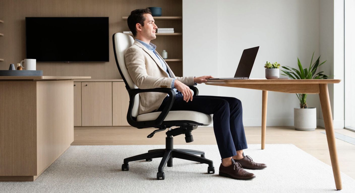 A modern ergonomic office chair with adjustable, rounded armrests in a neutral-toned workspace, where a person in business casual attire tests the flexibility and comfort of the armrests with relaxed posture.
