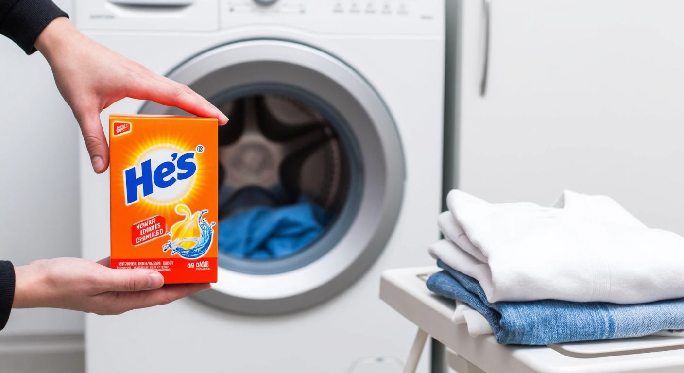 A hand holding a bright orange box of Hes detergent powder next to a washing machine, with a small pile of clean laundry folded neatly beside it.