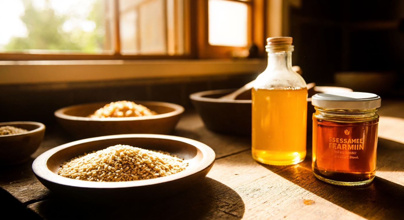 A close-up of a rustic wooden table in a Turkish kitchen, showcasing a small bowl of raw sesame seeds, a jar of golden tahini, and a bottle of amber sesame oil, with warm sunlight streaming through a window.