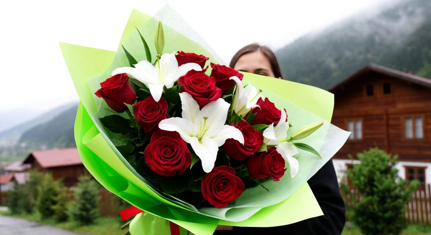 A vibrant bouquet of red roses and white lilies wrapped in green paper, held by a smiling delivery person in a Trabzon neighborhood with traditional wooden houses and misty mountains in the background.