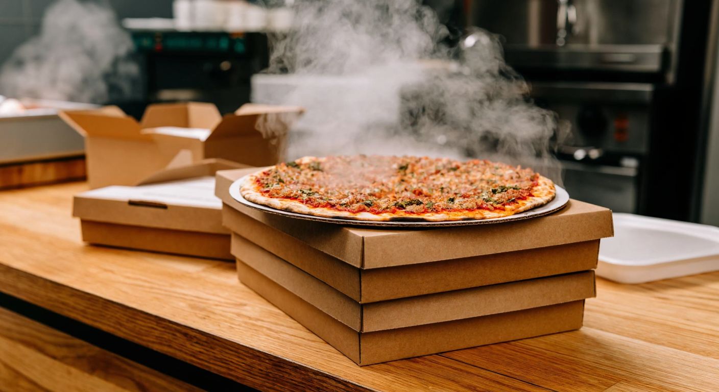 A stack of sturdy kraft-colored takeout boxes in various sizes, filled with freshly baked lahmacun, resting on a wooden counter in a bustling Turkish eatery, with steam rising from the warm, aromatic flatbreads.