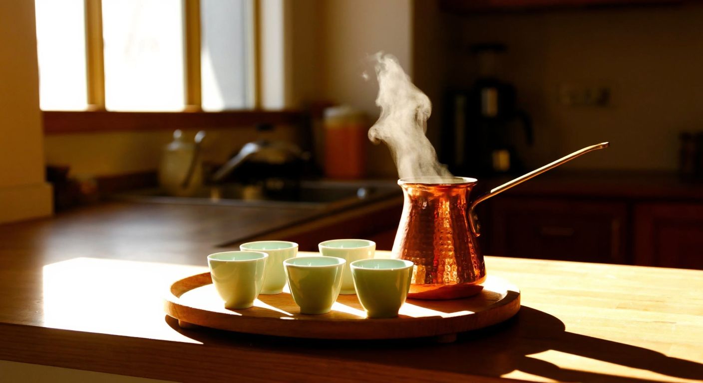 A small copper Turkish coffee pot sits on a wooden tray beside five tiny porcelain cups, with steam rising from the pot against a warm, sunlit kitchen backdrop.