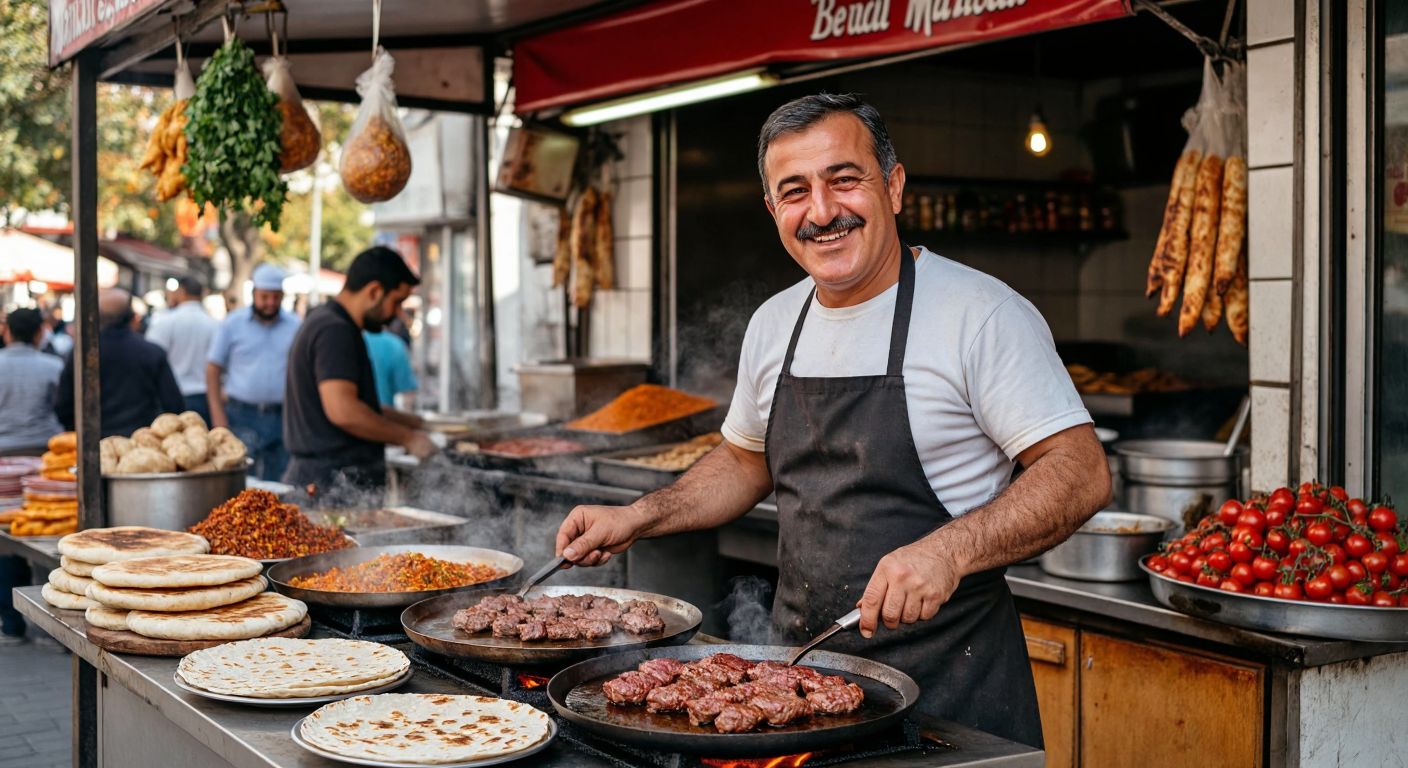 A bustling street-side tantuni stand in Mersin, with a smiling middle-aged Turkish man in an apron grilling meat on a hot metal plate, surrounded by the aroma of spices and fresh lavash bread.