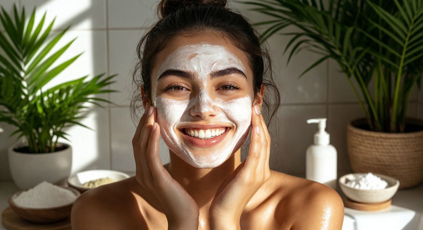 A young Turkish woman with a bright smile applies a smooth, white homemade mask (yeast and baking soda mixture) to her glowing face in a sunlit bathroom, surrounded by small bowls and natural ingredients.