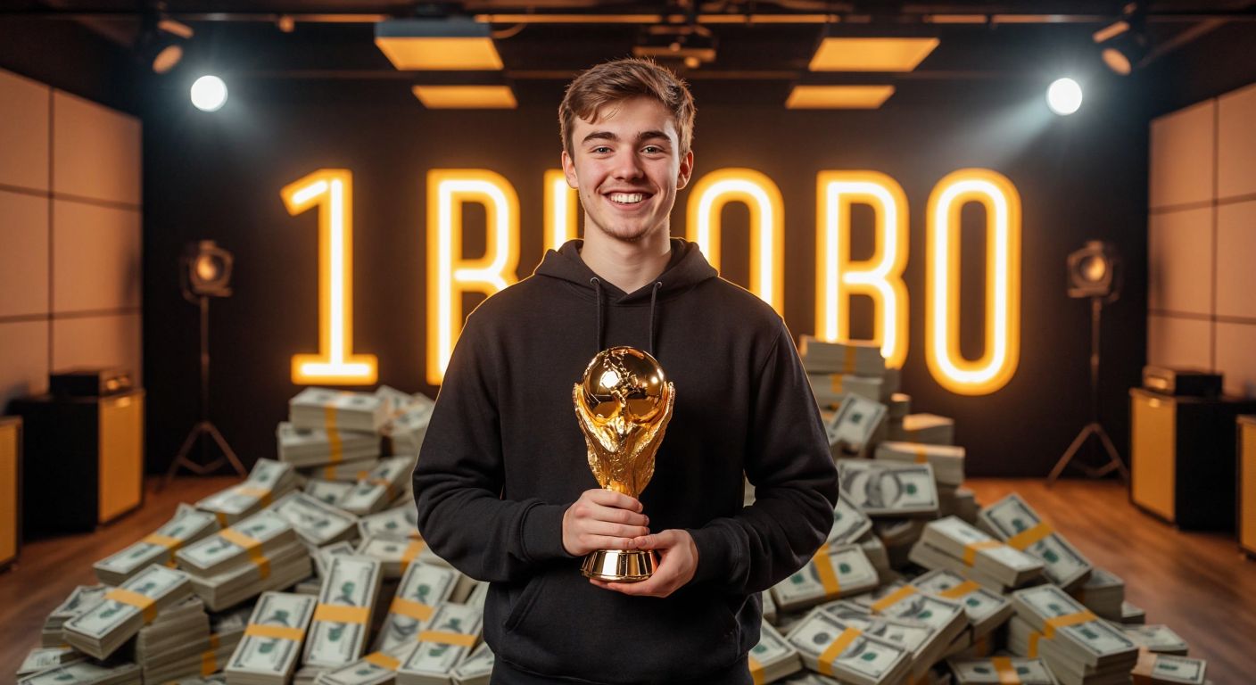 A young, smiling MrBeast standing confidently in a modern studio, holding a golden trophy, surrounded by stacks of money and a glowing "1 billion" sign in the background.