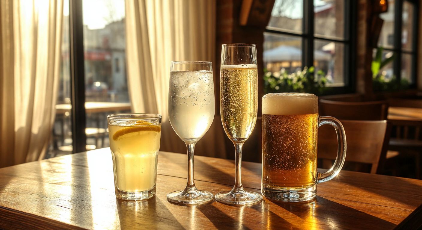 A wooden table in a Turkish café displays a clear water glass filled with lemonade, a tall highball glass with a fizzy drink, a fluted champagne glass with bubbles rising, and a frothy beer in a sturdy mug, all under warm sunlight filtering through sheer curtains.
