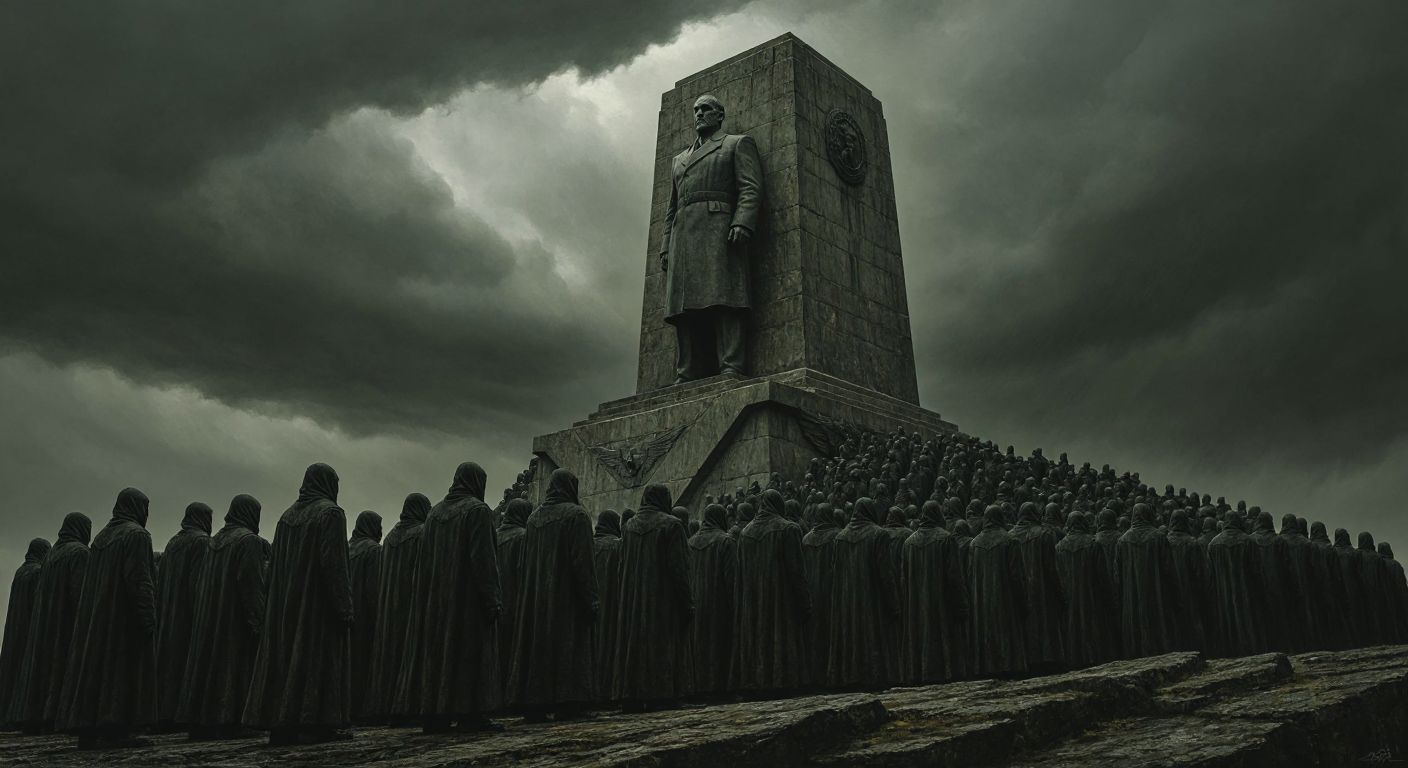 A dark, oppressive scene with a towering stone monument of a stern leader looming over a crowd of identical, faceless figures standing rigidly in formation under a stormy sky.