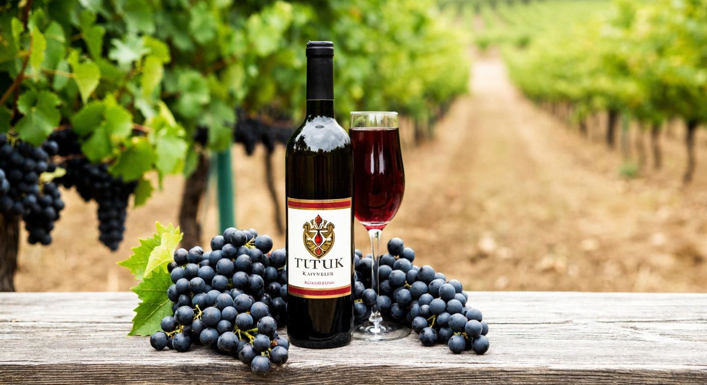 A rustic wooden table in a cozy Turkish vineyard holds a bottle of Tutuk wine with the Kavaklıdere label, surrounded by clusters of ripe purple grapes and a traditional Turkish wine glass.