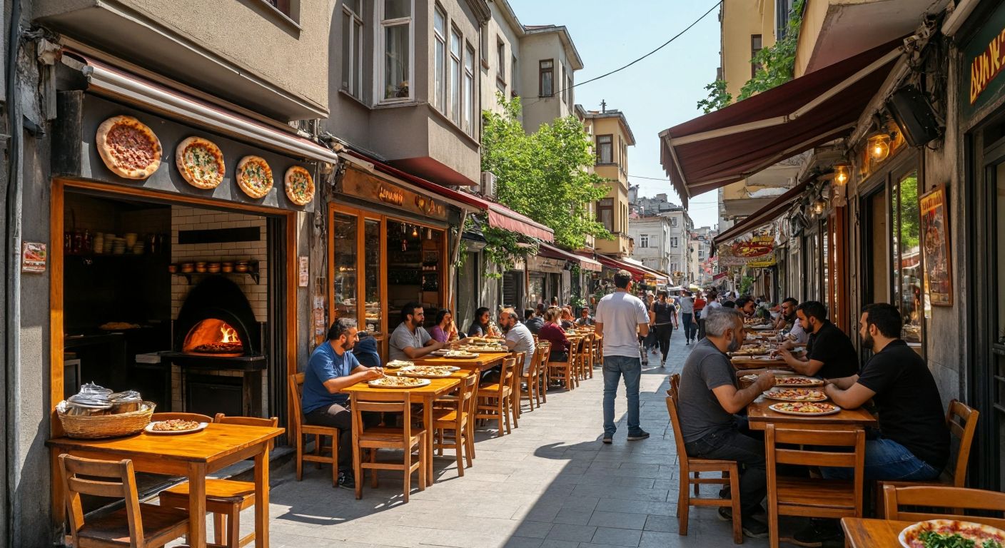 A bustling street in Cennet Mahallesi with two cozy pide restaurants side by side, their warm ovens glowing as chefs slide out golden, steaming pides topped with minced meat and herbs, while locals chat happily at wooden tables under a sunny Istanbul sky.