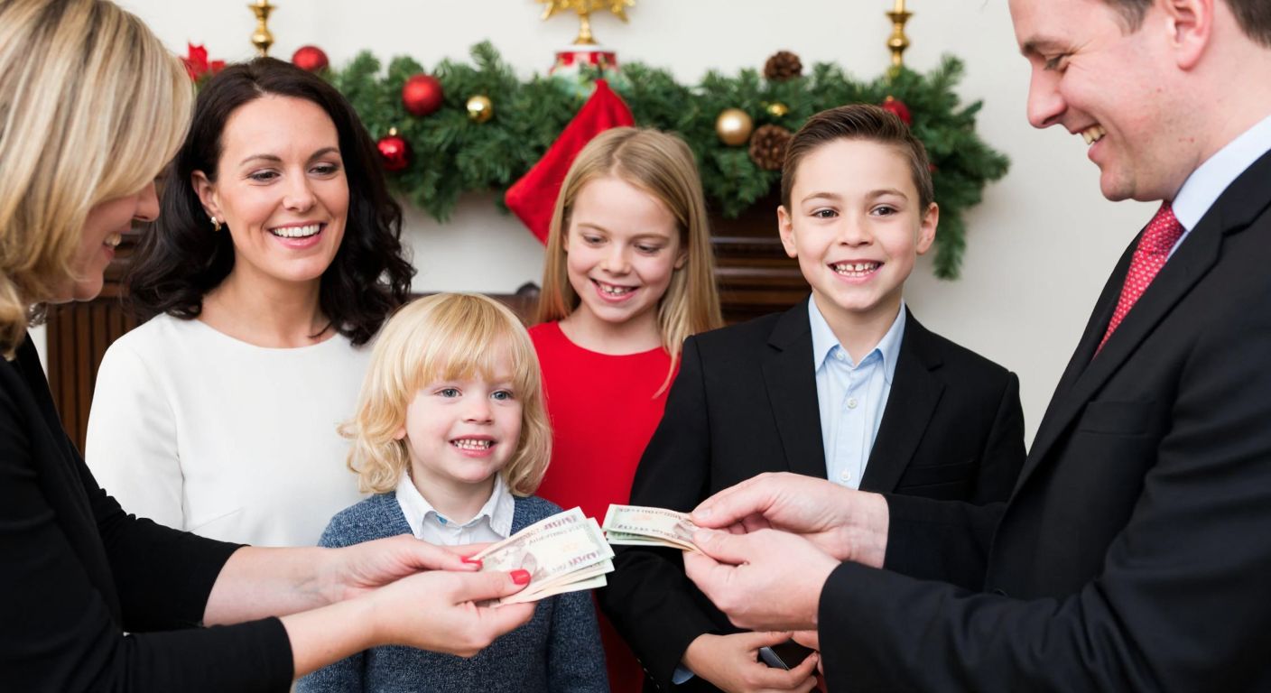 A British family with two children smiling while receiving a small stack of pound notes from a government official, with a festive holiday decoration in the background.