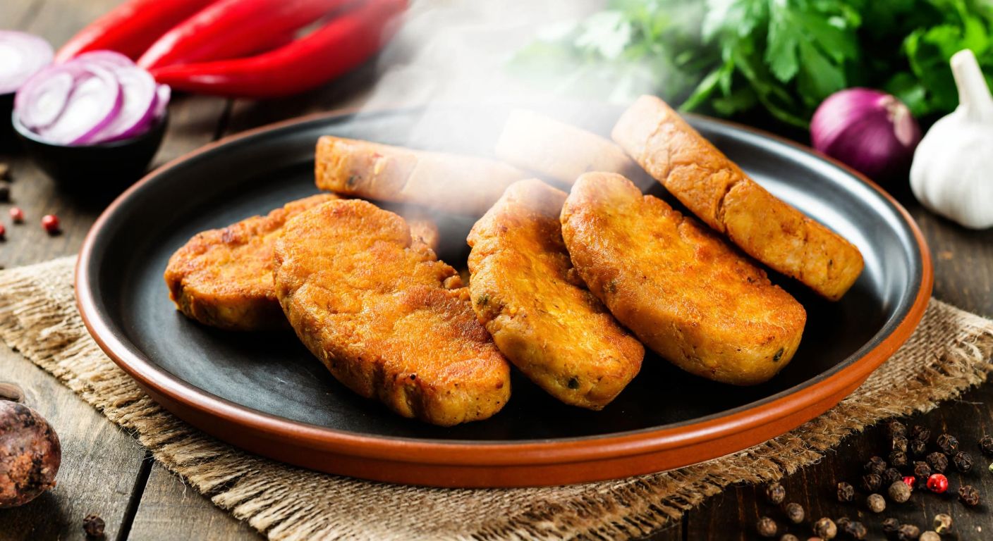 A steaming plate of golden-brown seitan slices, arranged like meat on a traditional Turkish ceramic plate, surrounded by fresh herbs and spices, evoking a hearty and healthy meal.