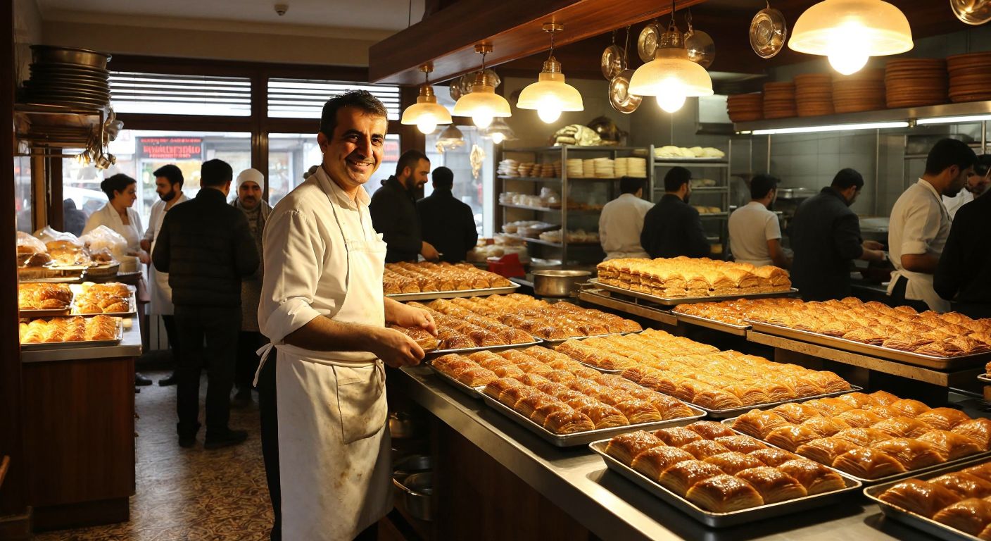 A warm, bustling bakery in Ankara's Cebeci district, with golden trays of freshly baked baklava glistening under soft light, surrounded by eager customers and a smiling elderly baker in a white apron.