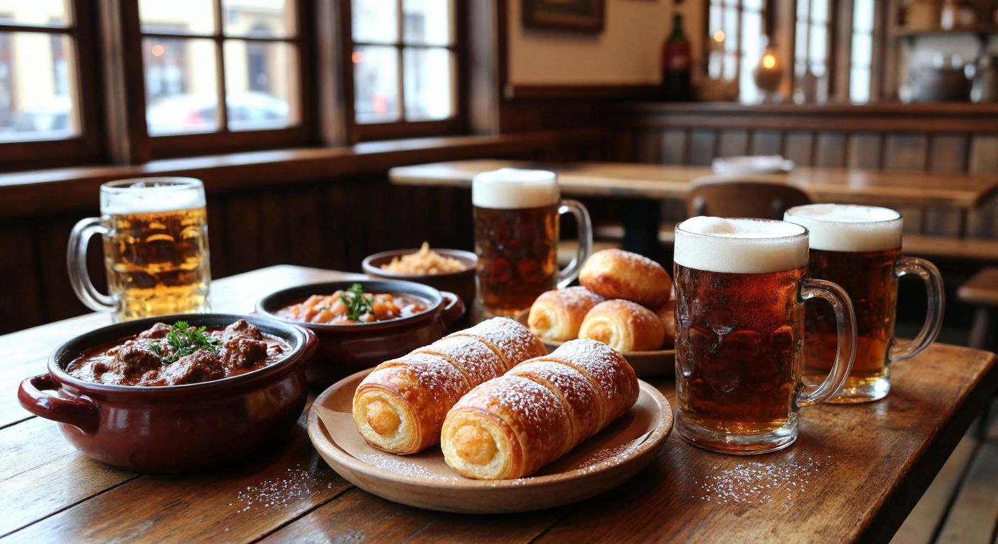 A rustic wooden table in a cozy Prague tavern, laden with steaming bowls of goulash and bramborácká, golden trdelník pastries dusted with sugar, and frothy mugs of Czech beer, evoking warmth and hearty indulgence.