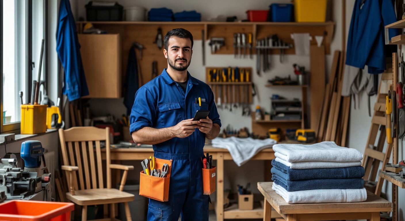 A skilled Turkish craftsman in a blue work uniform stands confidently in a bright, well-organized workshop, holding a toolbox in one hand and a smartphone in the other, surrounded by neatly arranged tools, a half-assembled wooden chair, and a stack of clean folded laundry.