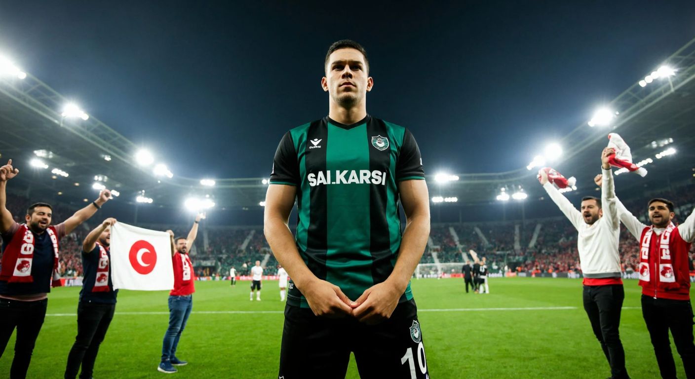 A determined football player in a Sakaryaspor jersey stands confidently on a lush green pitch under bright stadium lights, surrounded by cheering fans waving red and white team scarves.