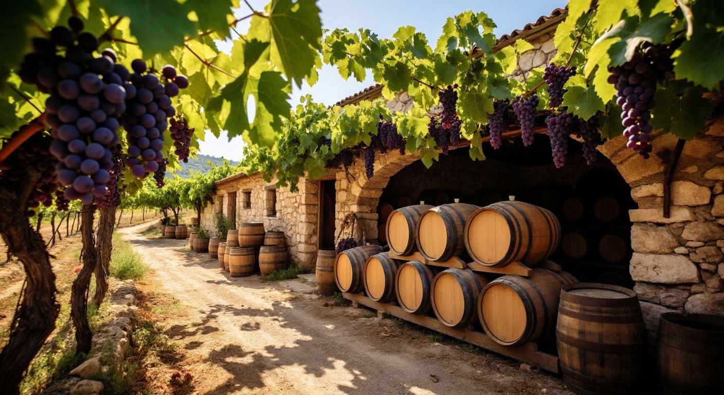 A rustic stone winery nestled in a sunlit Turkish vineyard, with wooden barrels stacked inside and bunches of purple grapes hanging from vines outside.