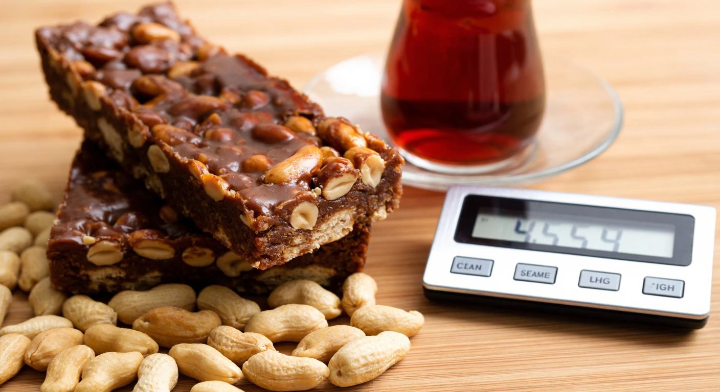 A close-up of a **peanut butter-flavored protein bar** with a glossy, nutty topping, resting on a wooden table next to a small digital scale showing **45 grams**, surrounded by scattered peanuts and a Turkish tea glass in the background.
