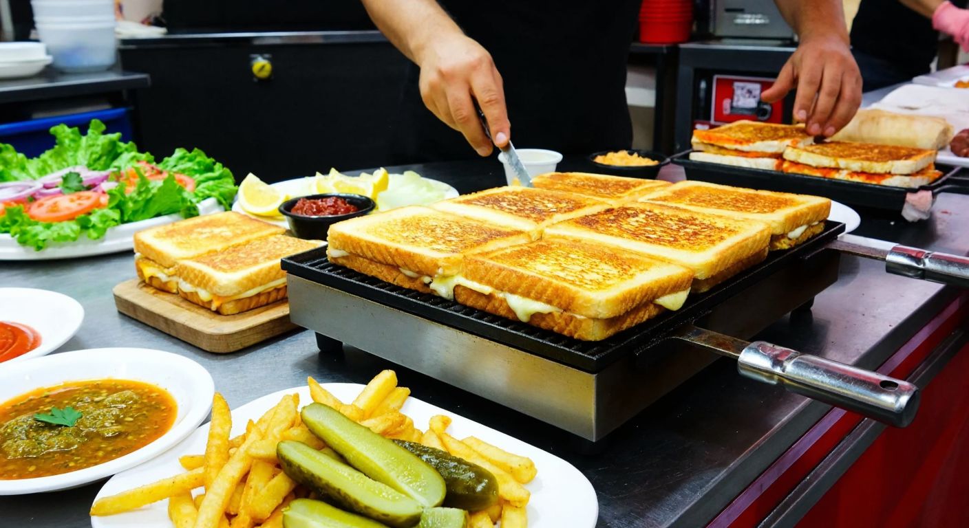 A bustling Istanbul street food stall with a smiling vendor grilling golden, cheese-filled Paşa Tostu on a hot press, surrounded by fresh ingredients, colorful sauces, and a plate of crispy fries and pickles.