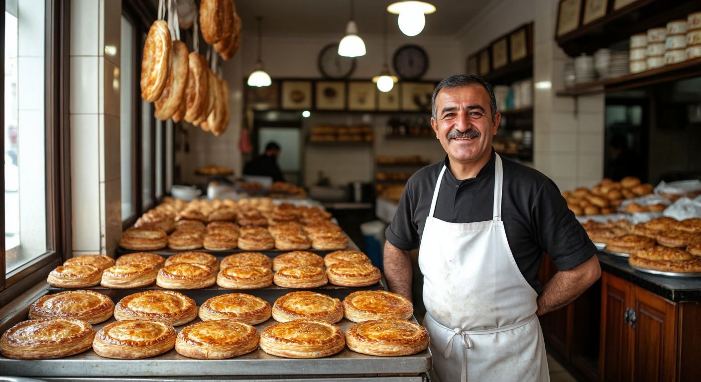 A smiling middle-aged Turkish man in a white apron stands proudly behind a counter displaying golden, flaky börek in a bustling bakery in Diyarbakır.