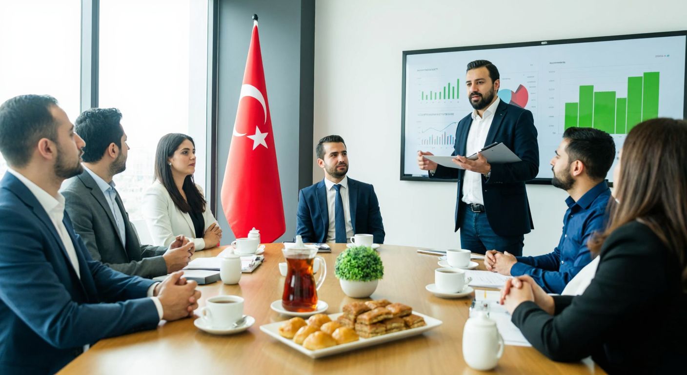 A group of diverse Turkish entrepreneurs in a bright conference room, attentively listening to a speaker presenting charts, with a backdrop of the Turkish flag and a table displaying traditional Turkish tea and baklava.