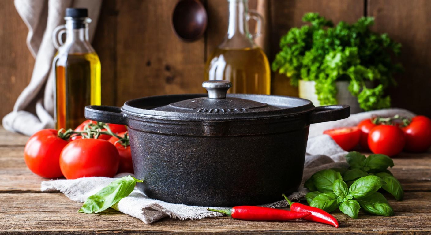 A well-worn but sturdy cast iron pot sits on a rustic wooden table in a Turkish kitchen, surrounded by fresh vegetables, a bottle of olive oil, and a soft cloth, symbolizing proper care and longevity.