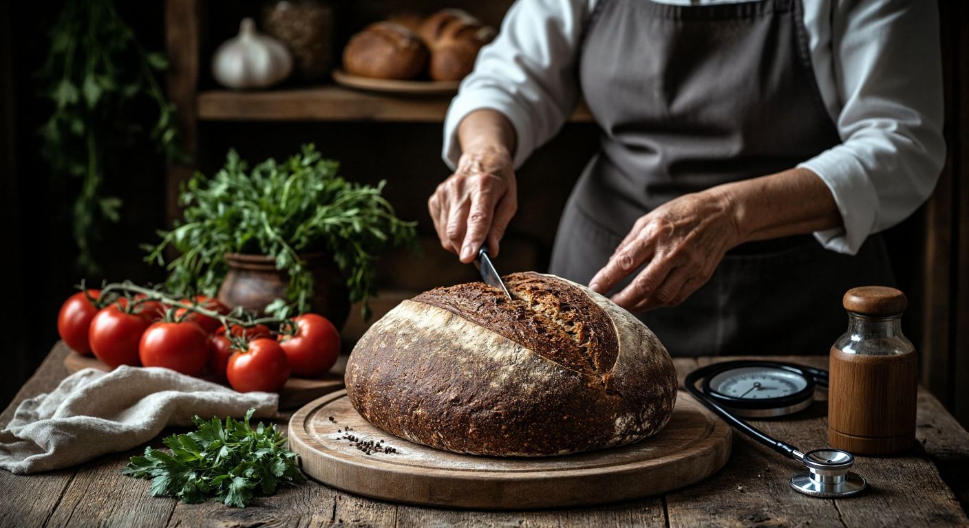 A warm, rustic loaf of dark brown Karakılçık bread sits on a wooden cutting board beside a stethoscope, with a smiling elderly Turkish woman in an apron gently slicing a piece, surrounded by fresh vegetables and herbs.