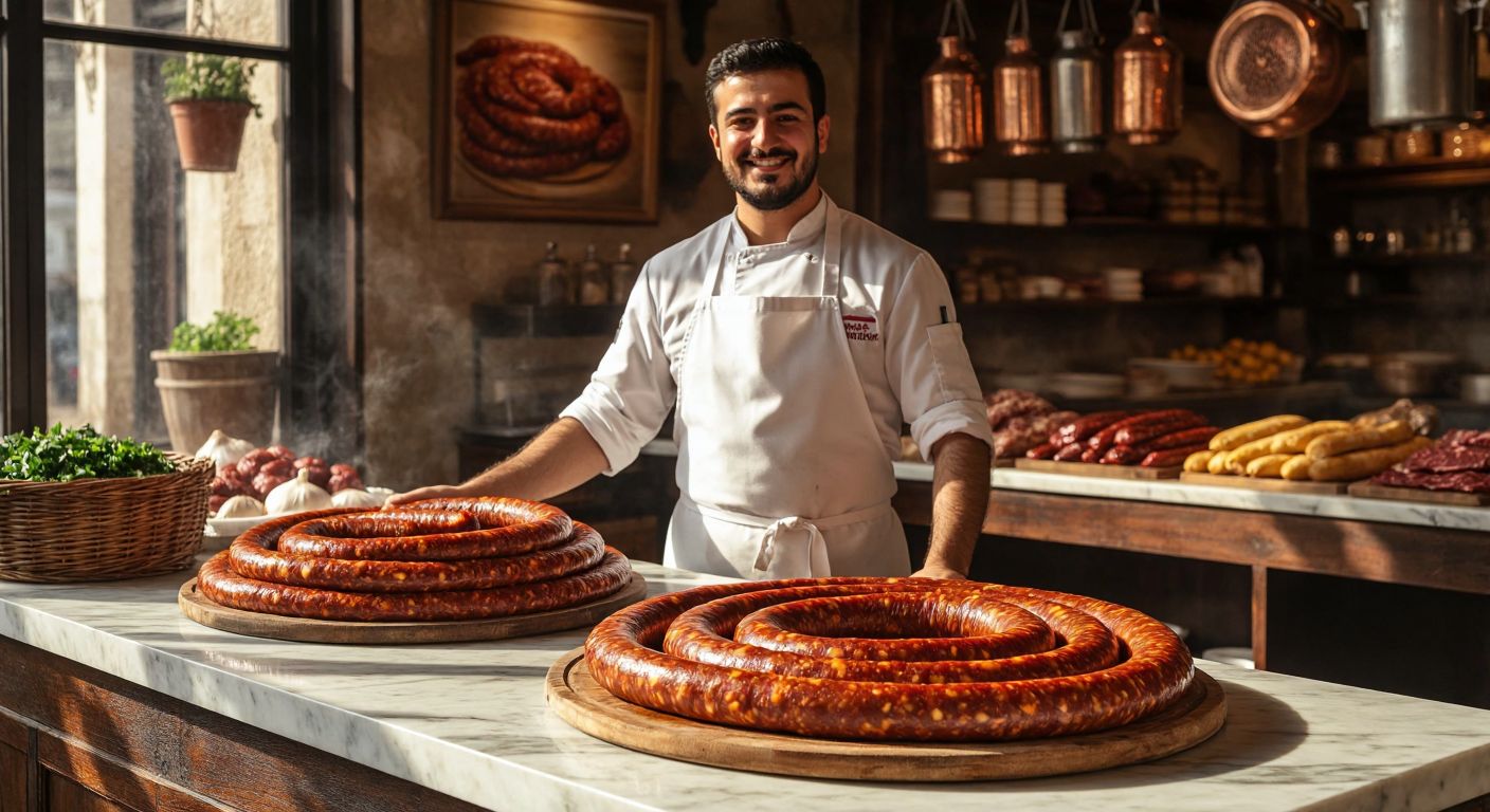 A Turkish butcher in a clean white apron proudly displays a coiled, glistening Emin sucuk on a marble counter, with a warm golden light highlighting its rich spices and texture, while a satisfied customer smiles nearby.