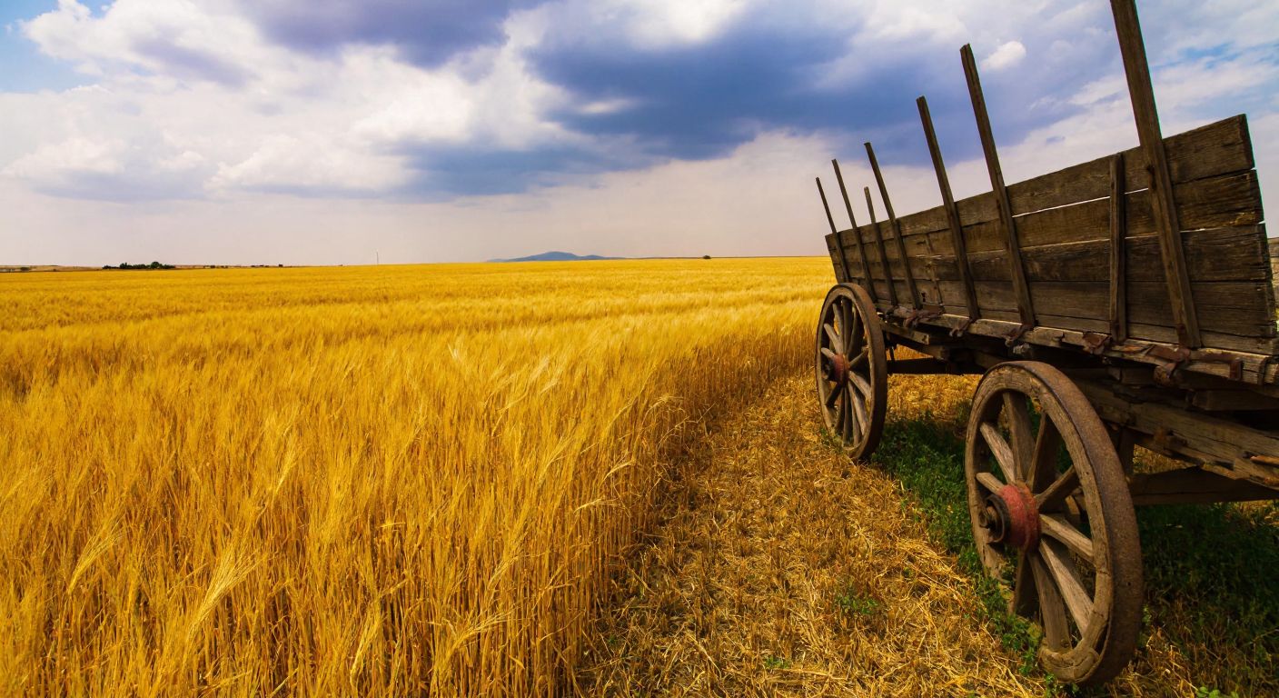 A golden field of siyez wheat swaying under a vast Anatolian sky, with a weathered wooden cart nearby, symbolizing resilience and sustenance during Turkey's War of Independence.