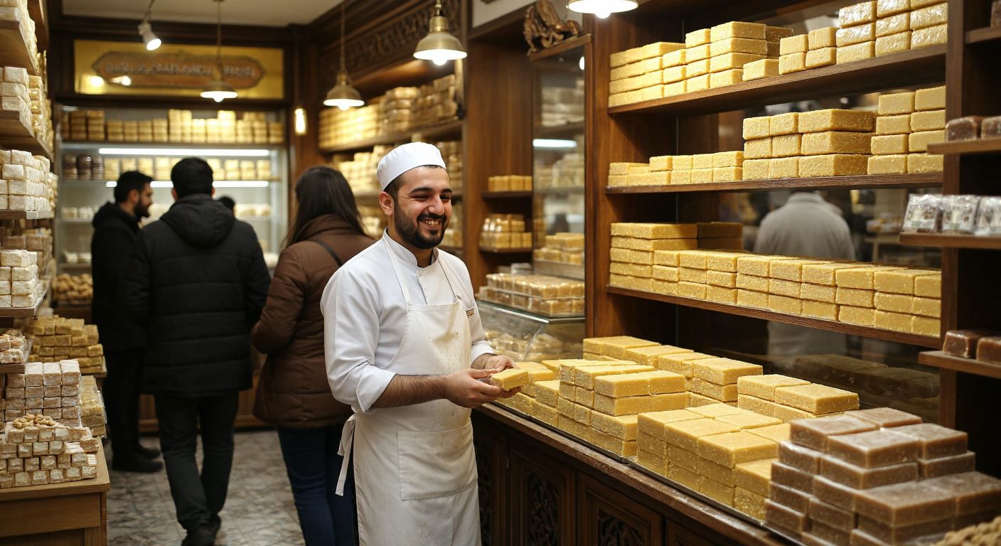 A bustling Turkish sweet shop in Arnavutköy with shelves stacked with golden blocks of helva, a smiling shopkeeper in a white apron offering samples, and customers eagerly waiting in line under warm yellow lights.