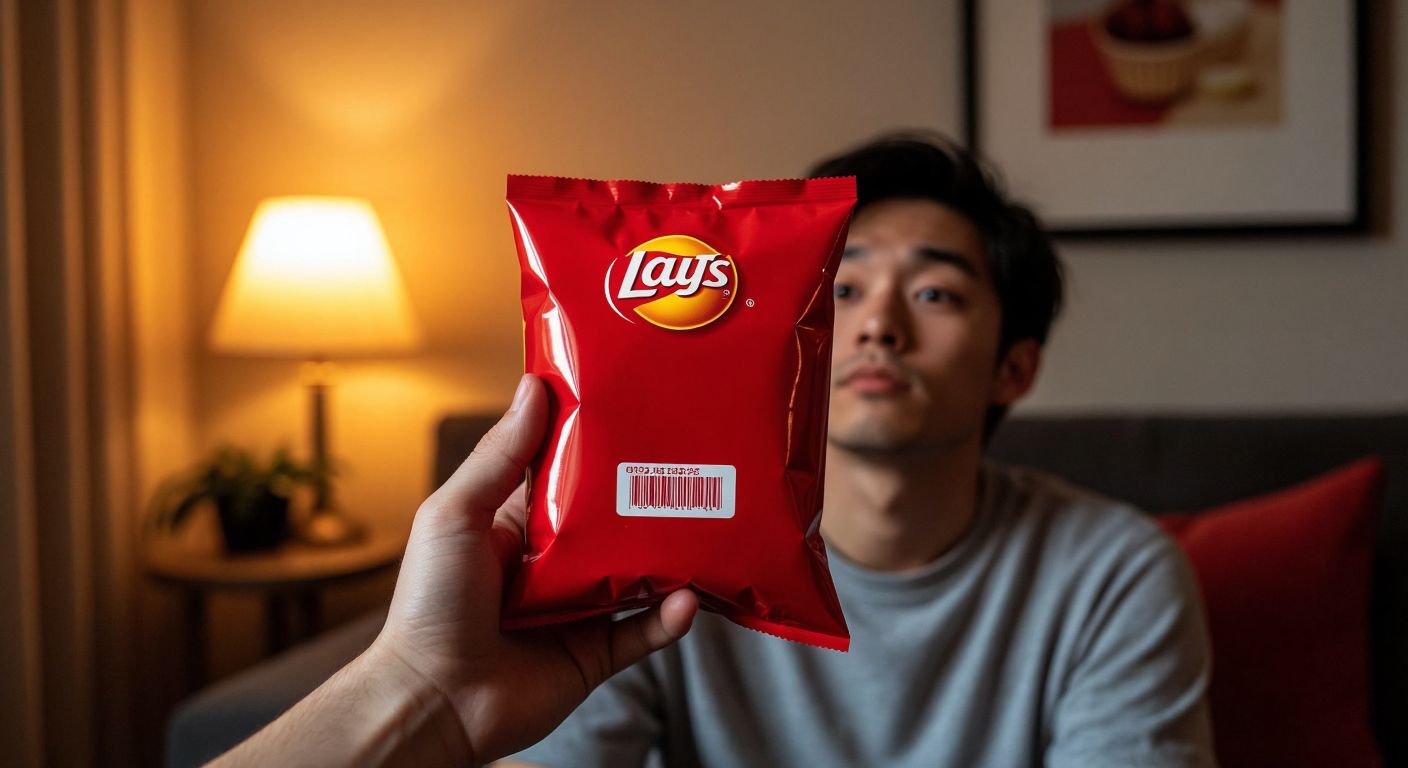 A hand holding a bright red Lays chips bag with its backside turned up, revealing a small printed code near the bottom, while a person squints curiously at it under warm indoor lighting.