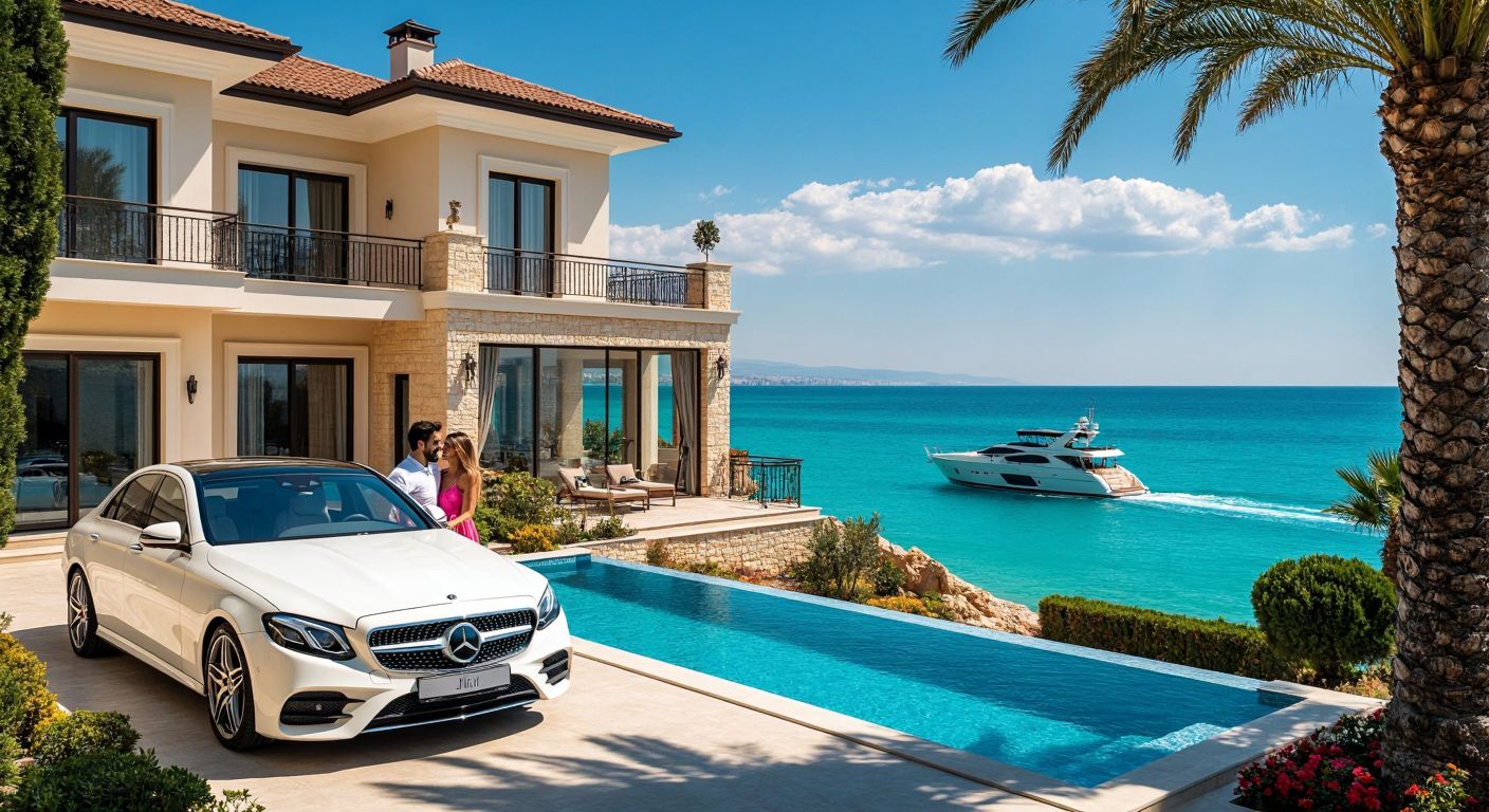 A sunny coastal villa in Antalya's Belek district with a luxury car parked outside, a yacht gliding on turquoise waters, and a smiling couple enjoying a romantic balcony breakfast.