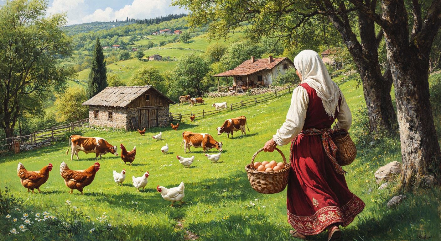 A rolling green countryside in Beykoz dotted with rustic farms, where chickens peck near wooden coops, cows graze in sunlit pastures, and a farmer in traditional Turkish clothing carries fresh eggs in a woven basket.