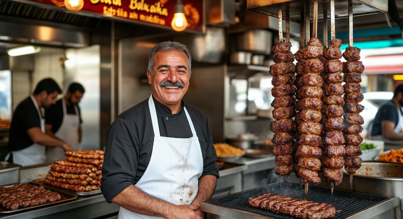 A smiling, middle-aged man with a thick mustache, wearing a white apron, stands proudly in front of a sizzling vertical kebab grill in a bustling Balıkesir eatery, the aroma of spiced meat filling the air.
