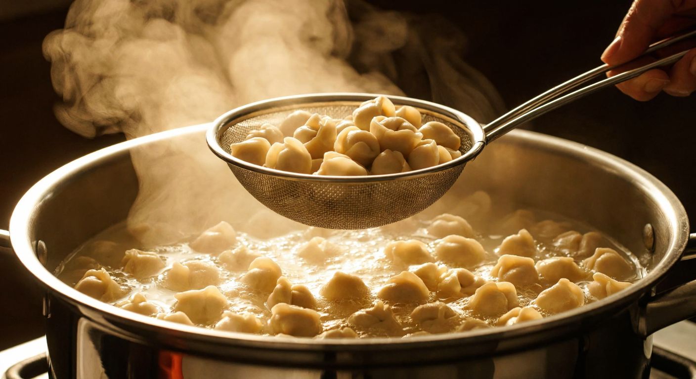 A steaming pot of water with a metal sieve or colander placed on top, filled with small Turkish dumplings (mantı), while a warm golden light reflects off the bubbling surface.