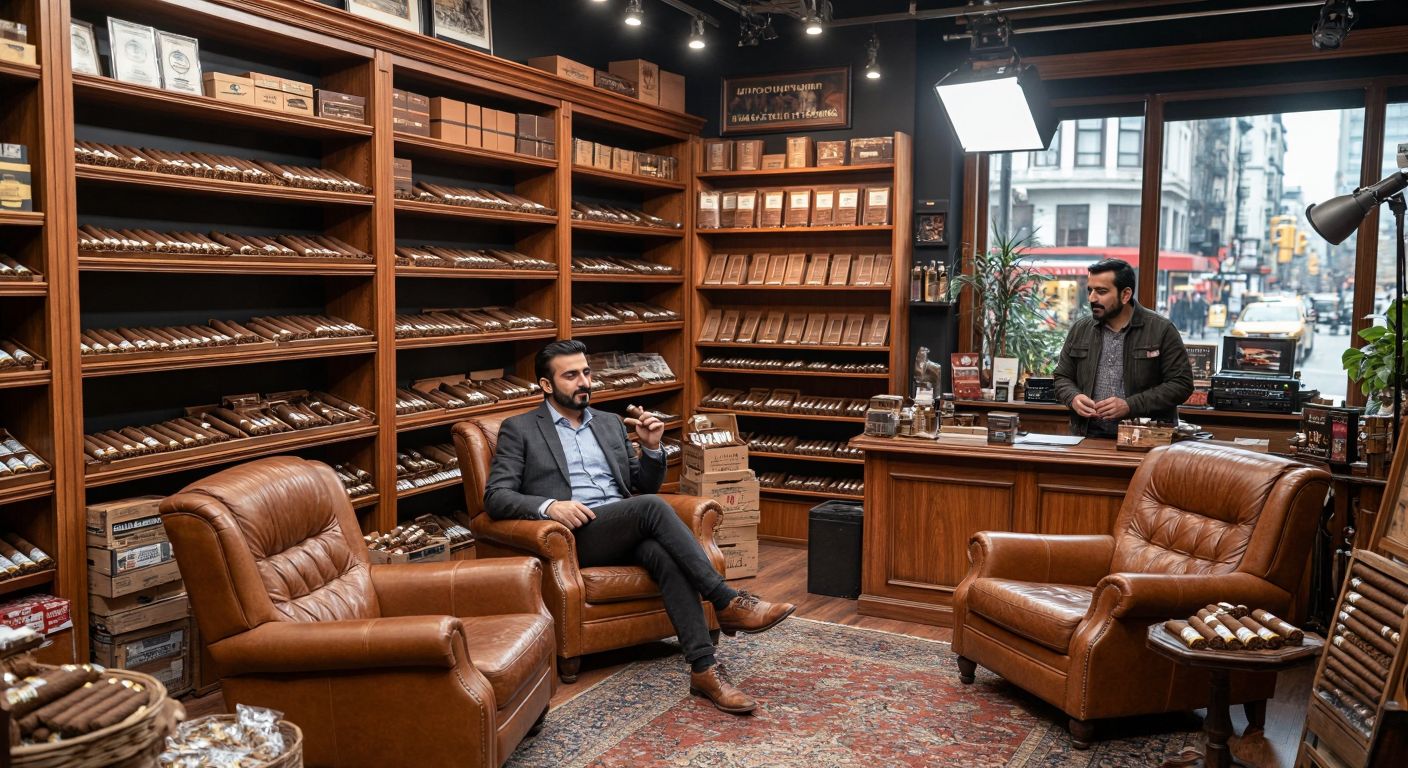 A bustling Istanbul tobacco shop with wooden shelves stacked with cigars next to a cozy Philadelphia TV studio set with leather chairs and a host holding a cigar.