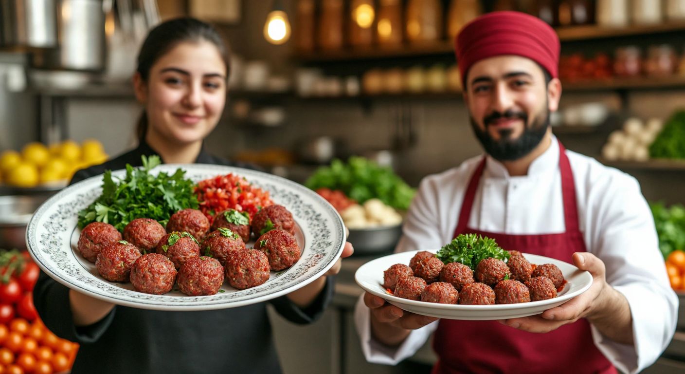 A vibrant Turkish kitchen scene with two distinct plates: one holding freshly prepared çiğ köfte (raw meatballs) with bulgur, red isot, and parsley, and an empty plate labeled "ciü köfte," symbolizing its absence, while a curious cook in traditional attire examines them side by side.