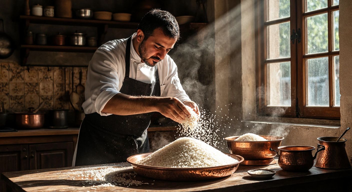A Turkish cook in a sunlit kitchen carefully pours a mound of white rice grains onto a wooden table, with a traditional copper scale nearby and a warm, curious expression on their face.