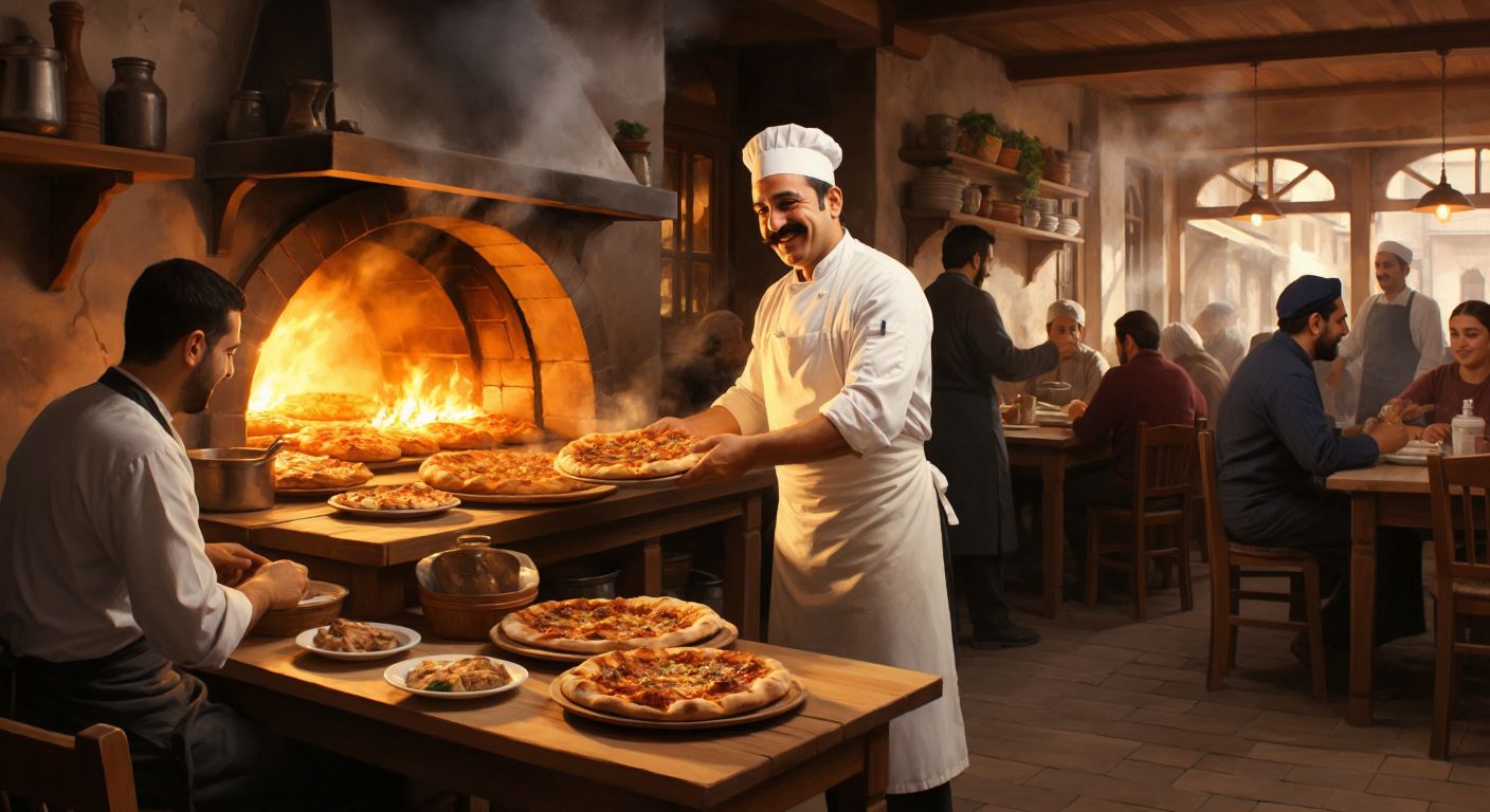 A bustling Turkish pide restaurant with warm golden bread baking in a stone oven, a mustachioed chef in a white apron serving steaming pide to smiling customers seated at wooden tables.