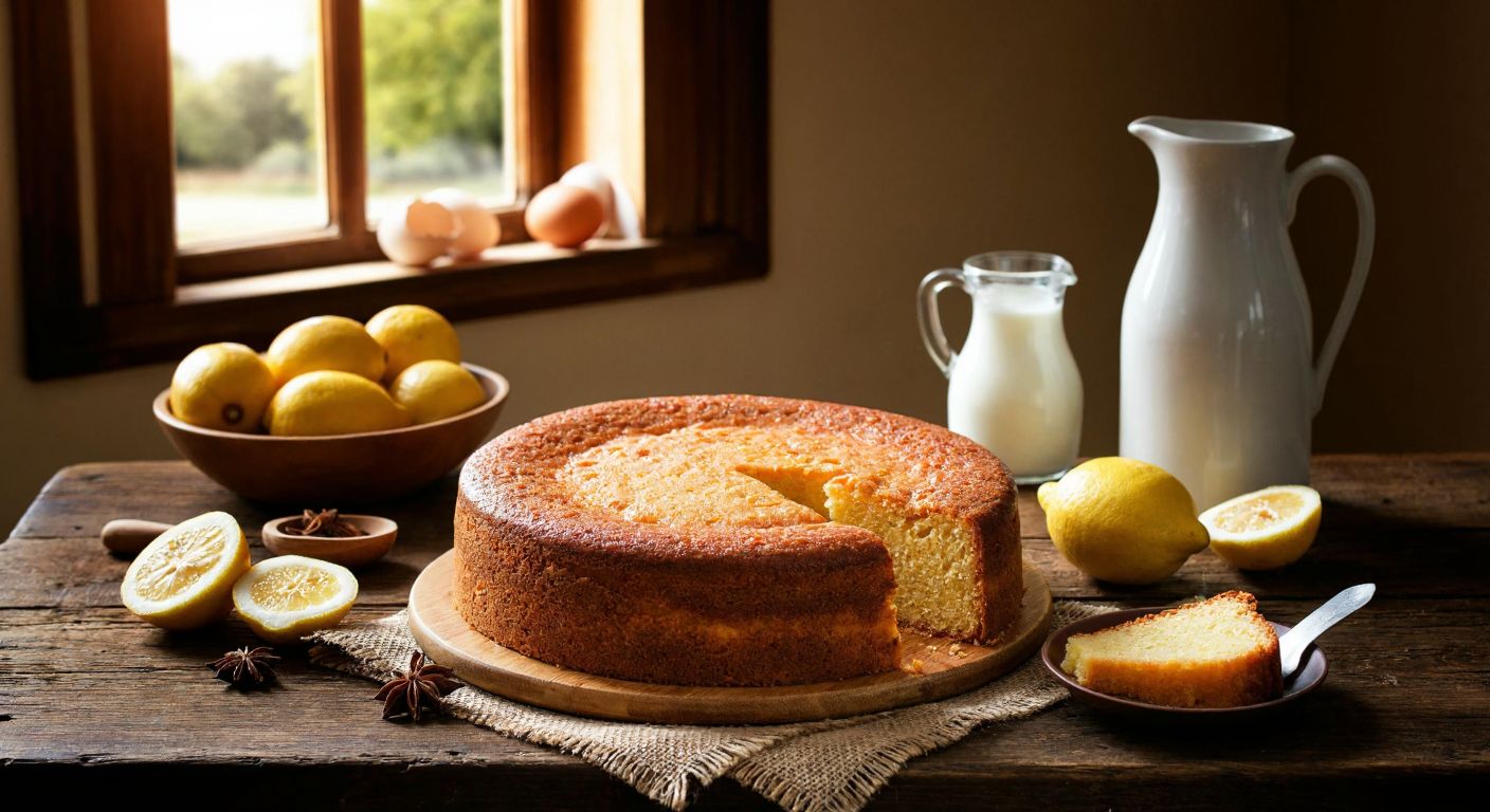 A golden-brown Valencian cake (Coca de Llanda) sits on a rustic wooden table, surrounded by fresh ingredients like eggs, lemons, cinnamon sticks, and a jug of milk, with a warm, inviting glow from sunlight streaming through a window.