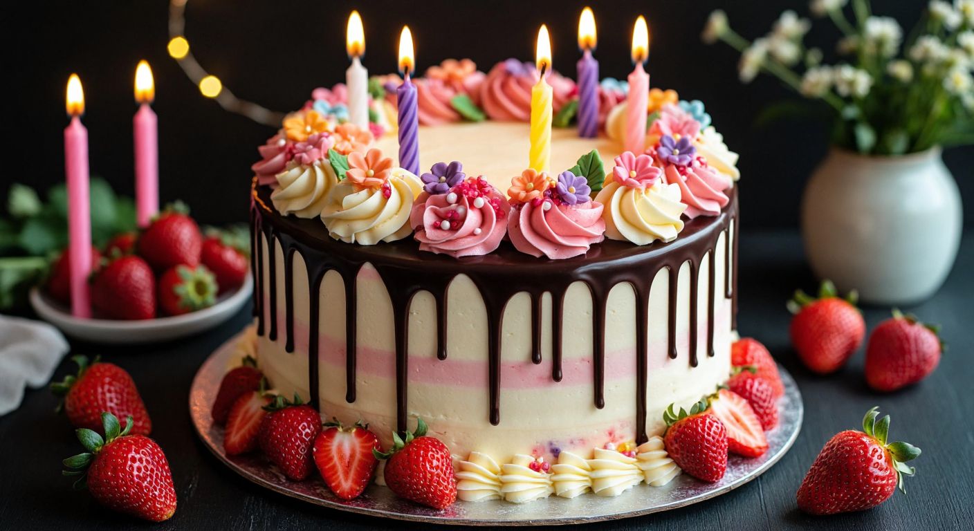 A colorful birthday cake with smooth fondant, fluffy whipped cream swirls, rich buttercream flowers, glossy ganache drips, and a creamy cheese frosting layer, surrounded by fresh strawberries and candles.