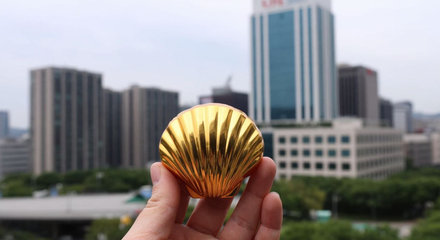 A hand holding a golden-wrapped Guylian chocolate seashell against a backdrop of a modern Seoul skyline, with a subtle Lotte Confectionery logo on a distant building.